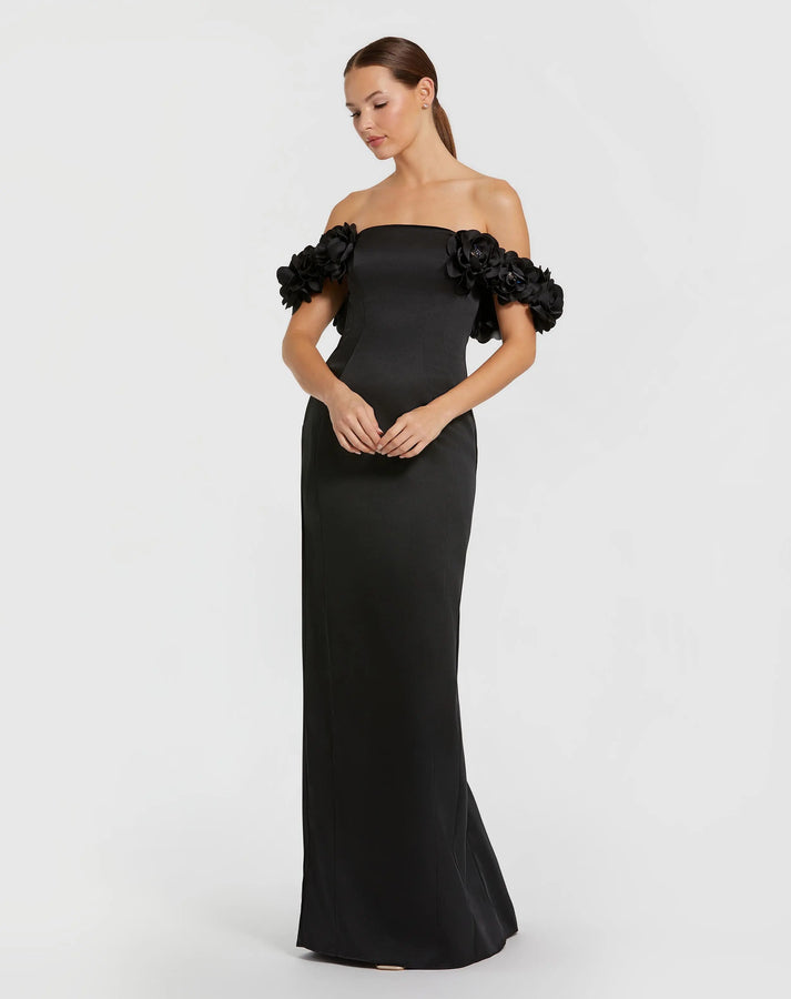 Mac Duggal Women's Satin 3D Flower Off The Shoulder Mermaid Gown - Black