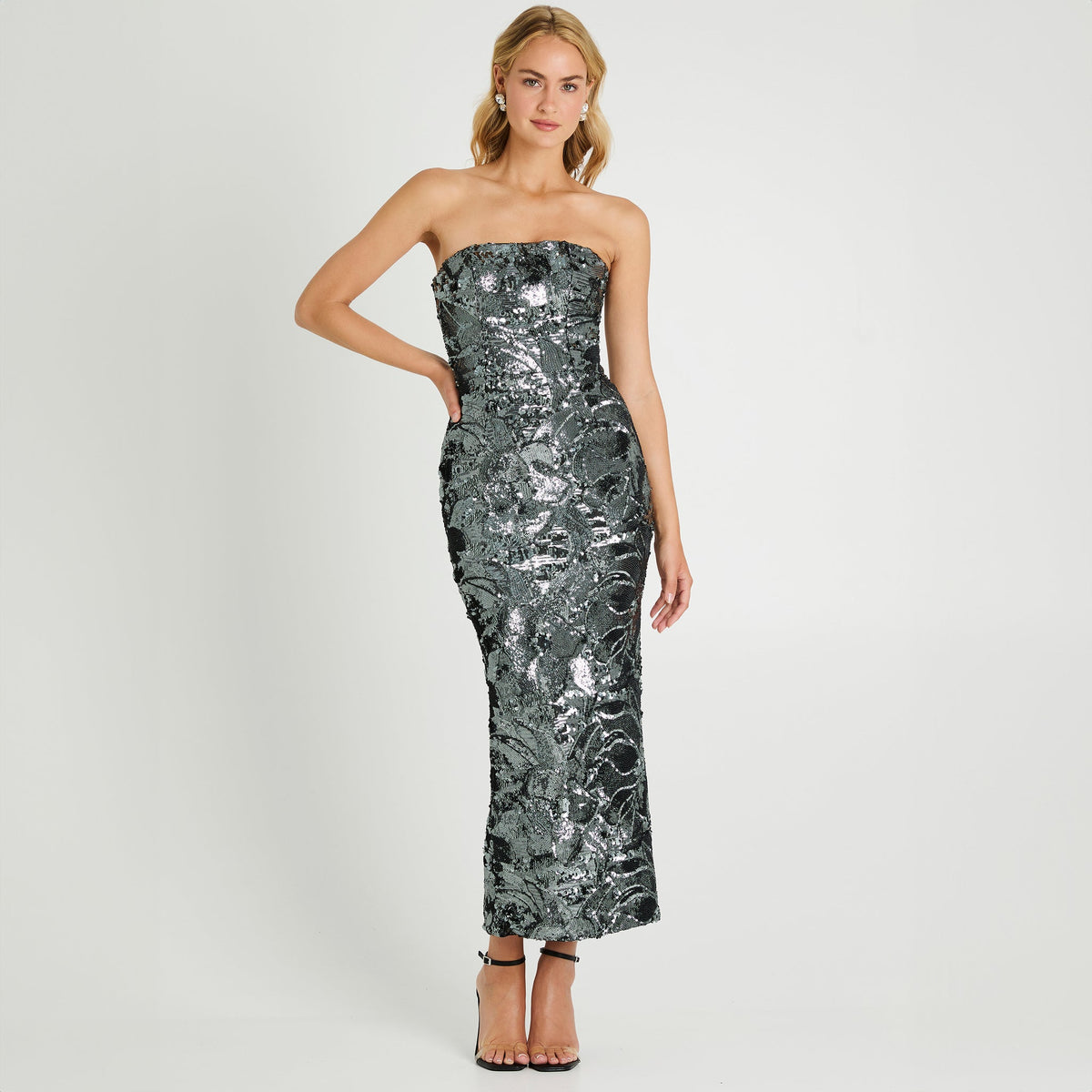 helsi leslie strapless sequin mesh midi dress Leslie Dress in Teal by HELSI