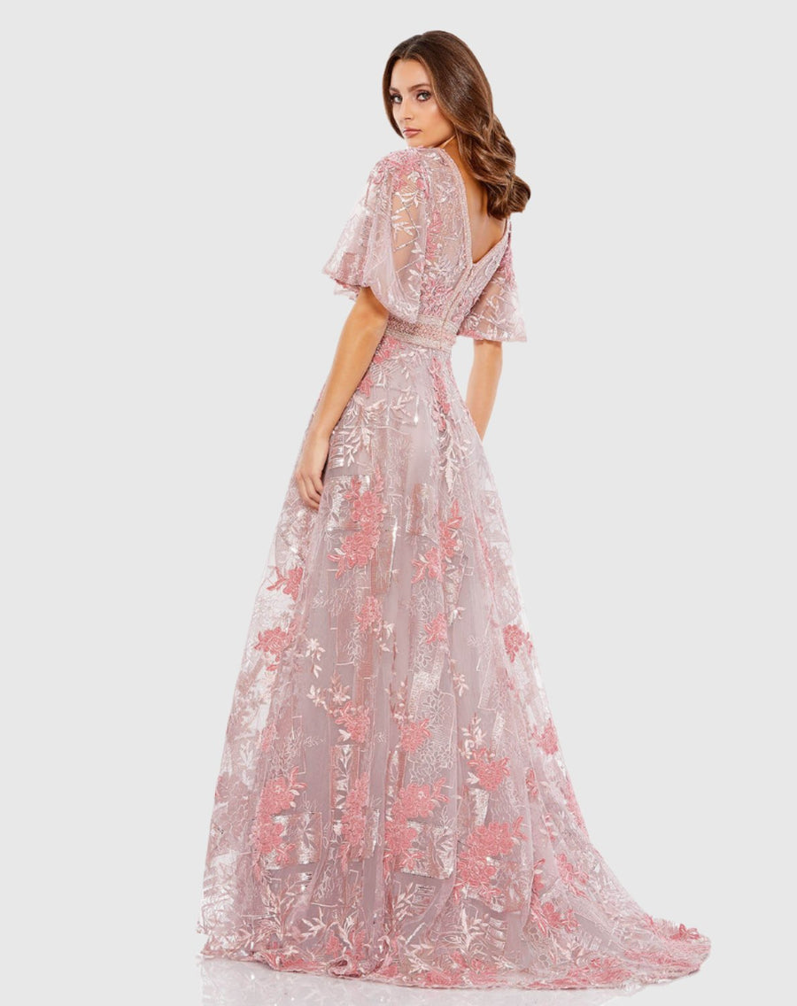 Mac Duggal - Pink Embroidered Flounce Sleeve A Line Gown - US 4