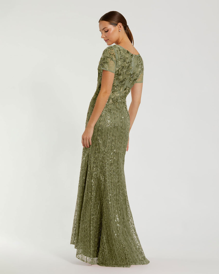 slim fit dress slacks Mac Duggal Womens Metallic Embellished Evening Dress Green 12