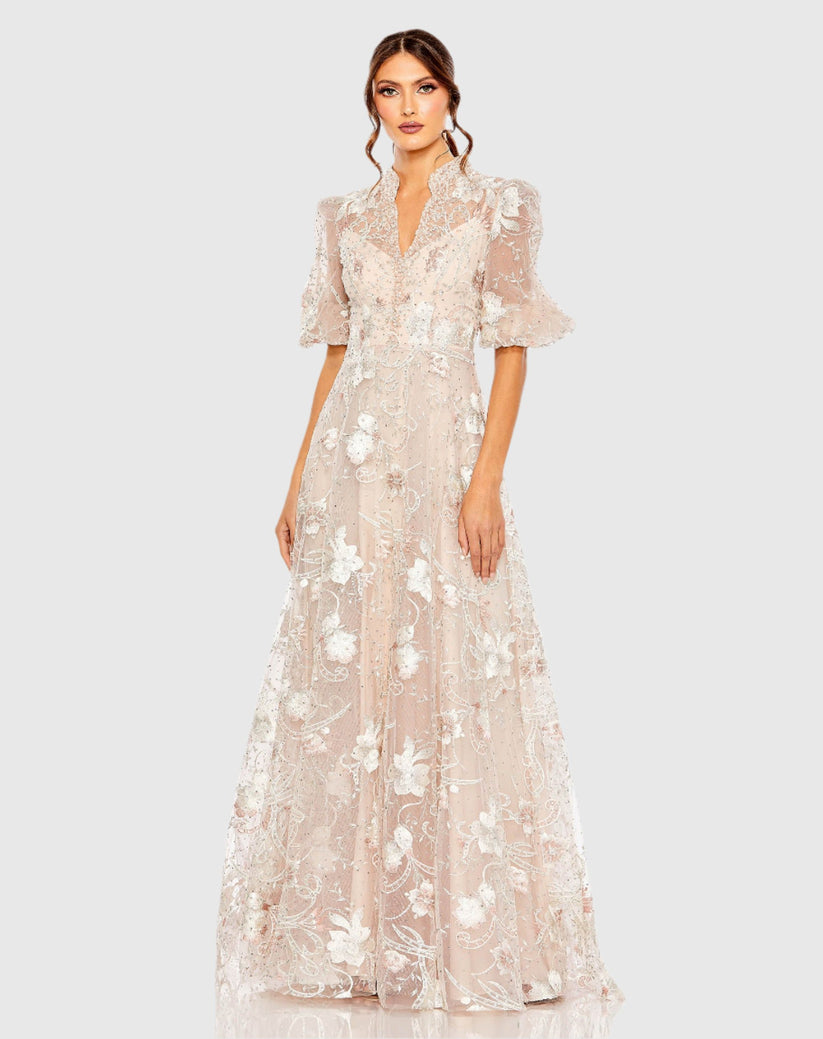 Pink Queen Anne Puff Sleeve A-Line Gown | Mac Duggal Blush / US 6 Pink Queen Anne Puff Sleeve A-Line Gown | Mac Duggal Blush / US 6