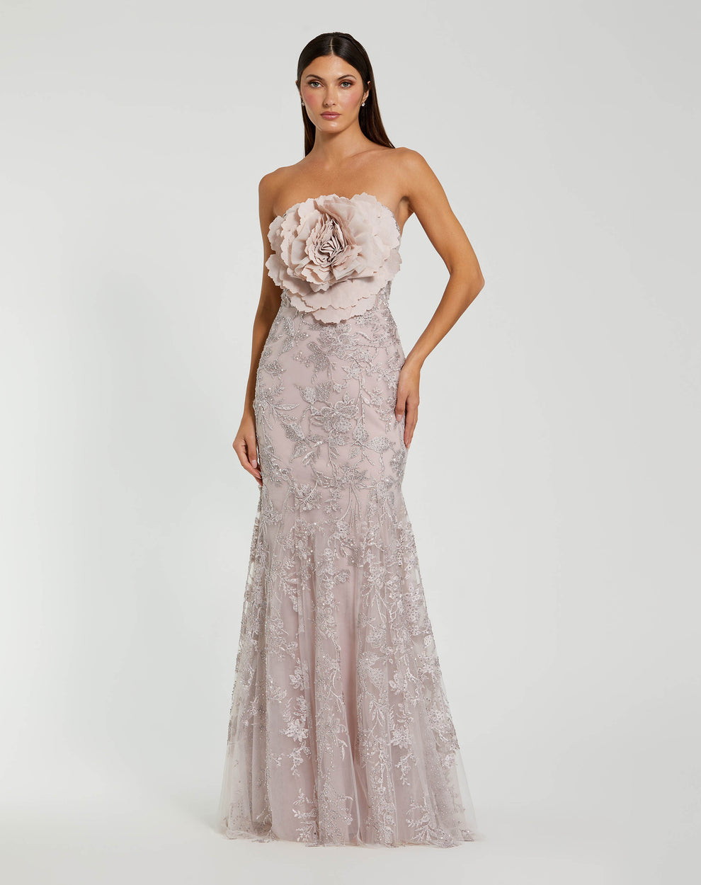 mac duggal bridesmaid dresses Strapless Lace Embellished Trumpet Gown With 3D Flower