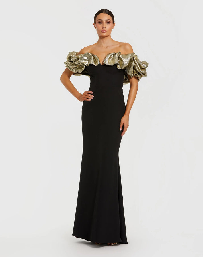 green emerald velvet dress Ieena for Mac Duggal - Black Mermaid Gown with Off The Shoulder Ruffle Detail