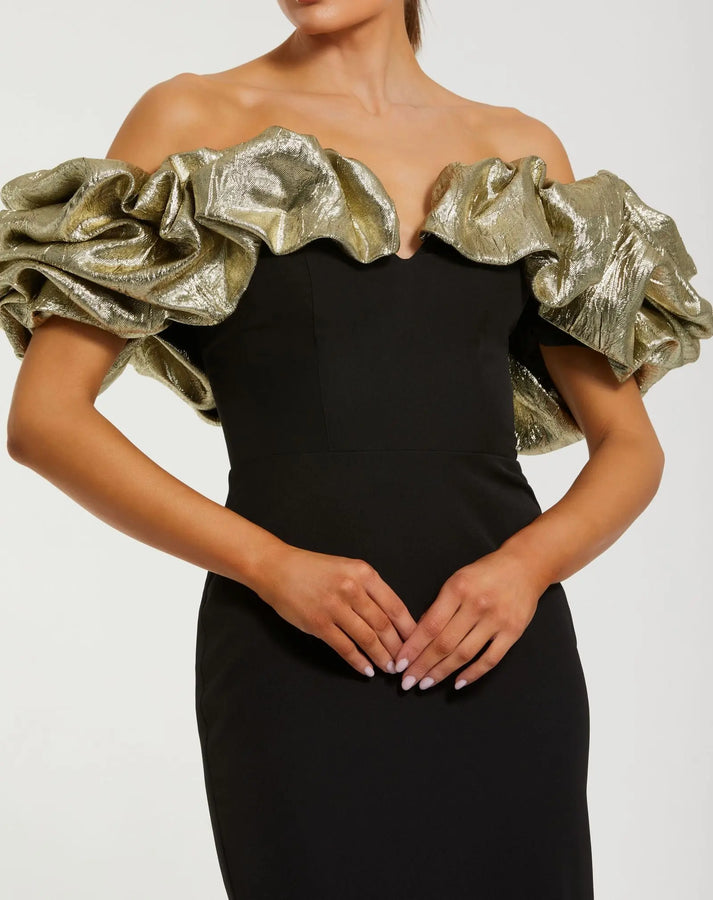 Ieena for Mac Duggal - Black Mermaid Gown With Off The Shoulder Ruffle Detail - Black Gold / US 4 Ieena for Mac Duggal - Black Mermaid Gown With Off The Shoulder Ruffle Detail - Black Gold / US 4