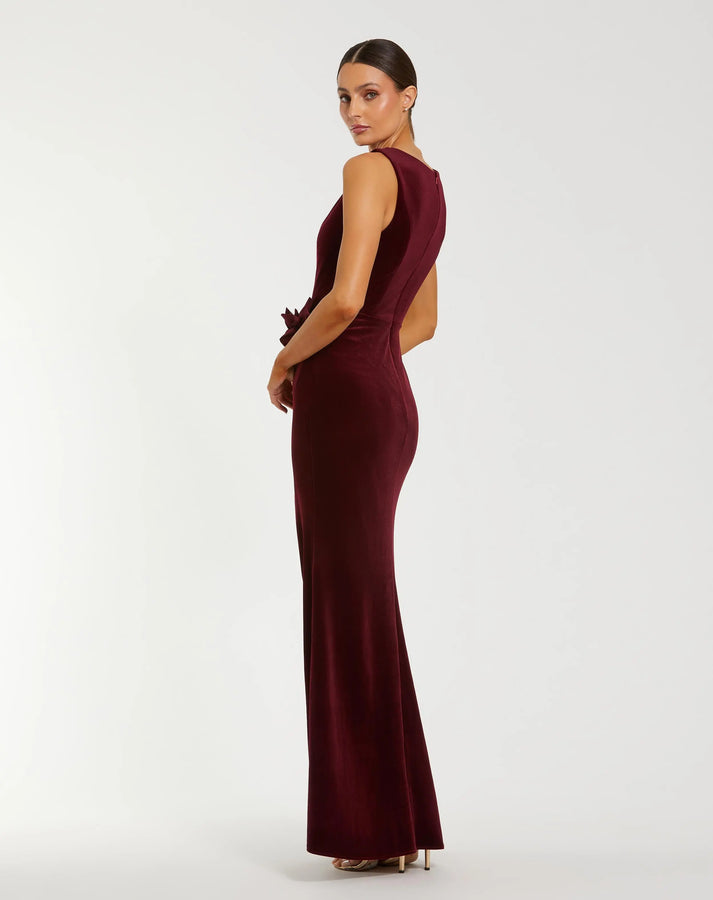 Ieena for Mac Duggal - Red High Neck Velvet Column Gown With 3D Flowers
