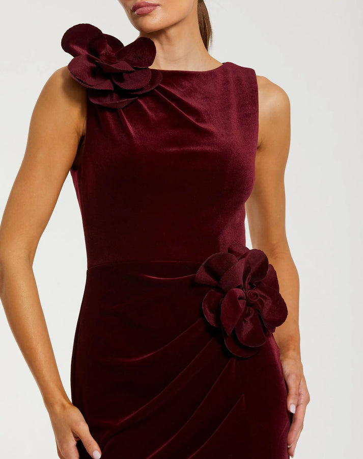 Mac Duggal High Neck Velvet 3D Flowers Column Dress, Womens, L, Burgundy