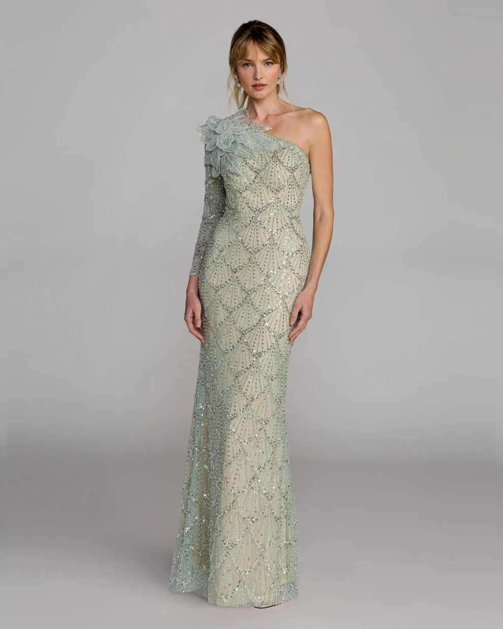 Mac Duggal One Sleeve 3D Flower Sequin Column Gown in Seafoam at Nordstrom, Size 14