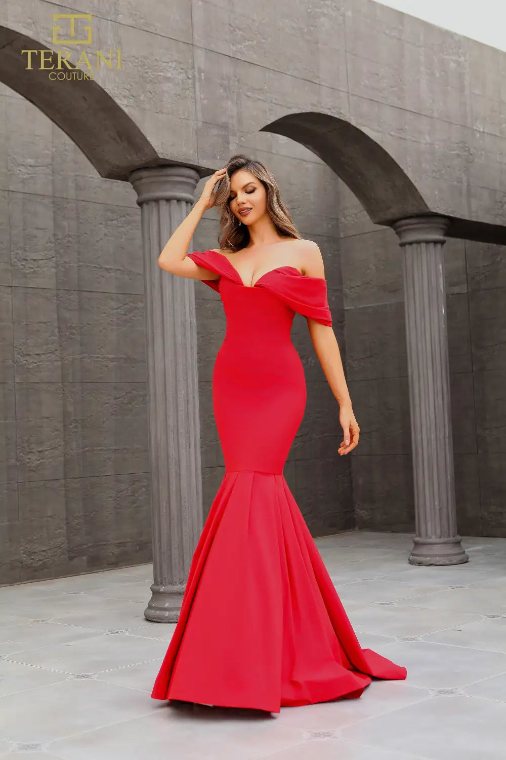 Terani Couture 251E4271 Evening Off-Shoulder Sleeveless Formal Stretch Taffeta Dress - RED / 24 Terani Couture 251E4271 Evening Off-Shoulder Sleeveless Formal Stretch Taffeta Dress - RED / 24