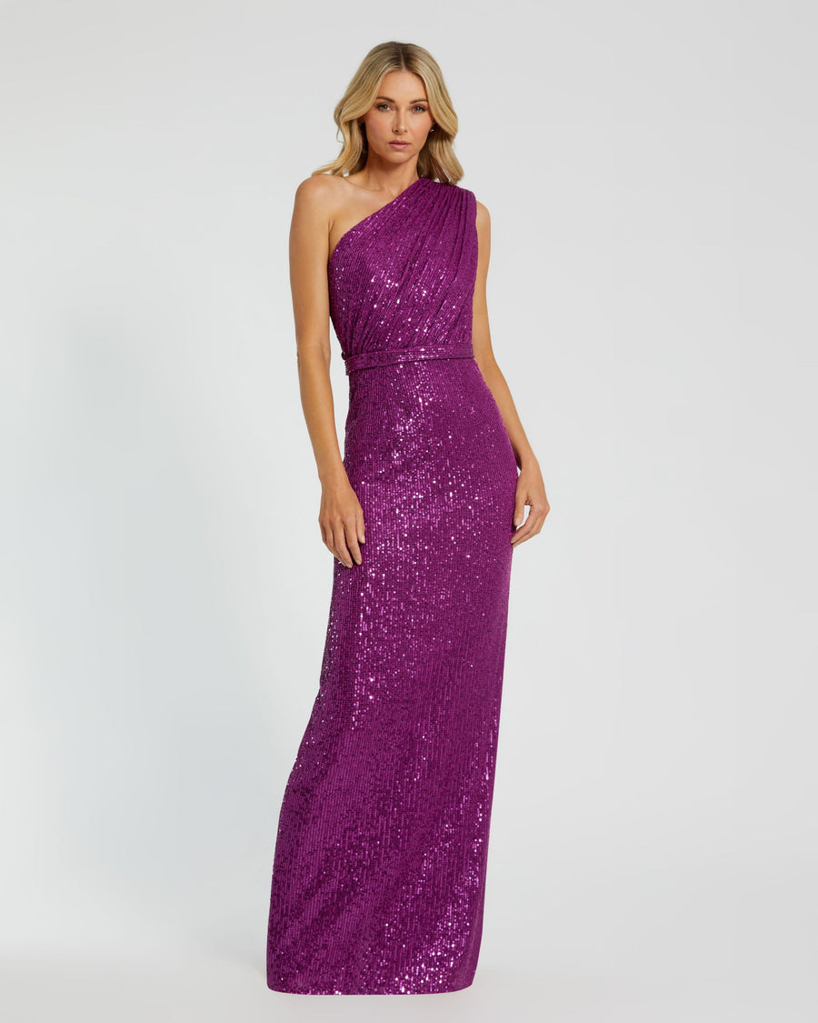 Dark Purple Sequined Ruched One Shoulder Gown Dark Purple Sequined Ruched One Shoulder Gown