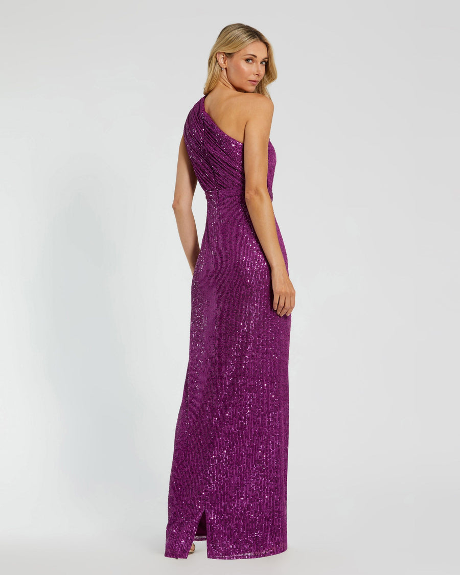 mac duggal purple dress Dark Purple Sequined Ruched One Shoulder Gown