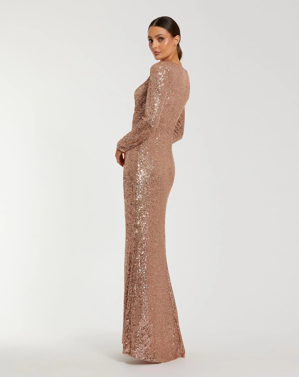 mac duggal rose gold dress Pink Shimmering Pleated 3/4 Sleeve Ball Gown