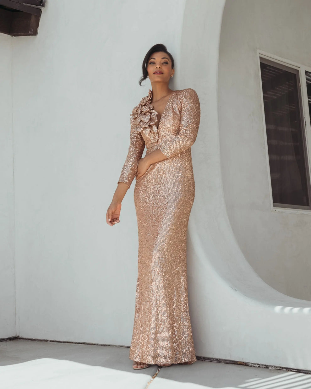 mac duggal sequin dress Pink Embellished Lace Strappy Column Gown Intricate beading also decorates the garments long sleeves Mac Duggal 5540 - Sequin