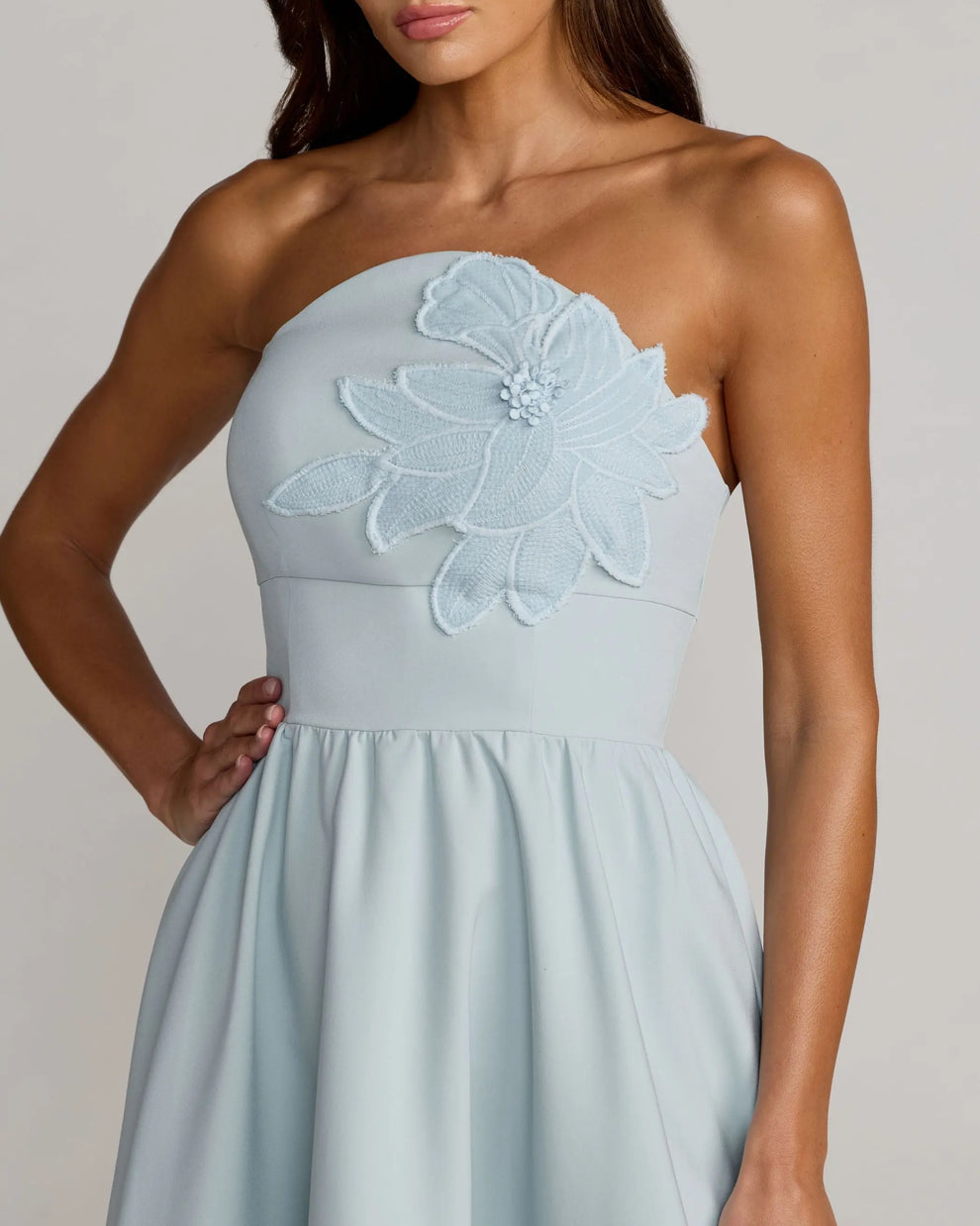 mac duggal light blue dress Sleeveless Embellished A-line Gown length dress Blue Applique High Neck Puff