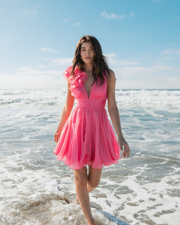 strapless open back dress Mac Duggal - Pink Ruffle Shoulder V-Neck Chiffon Gown main image 0