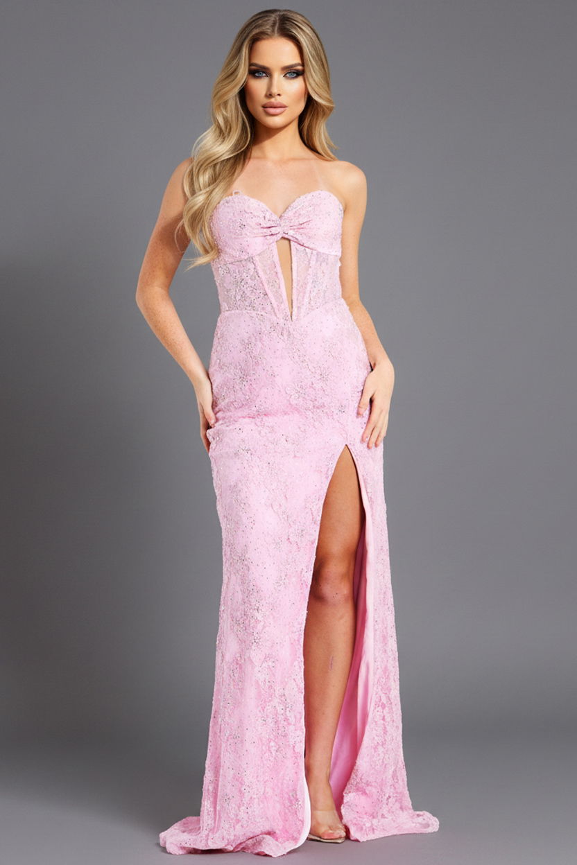 knee length dresses for ladies Jovani 38847 Size 10 Hot Pink Sequin Beaded Fringe Prom Dress Pageant Dress Slit V Neck Formal Gown main image 0