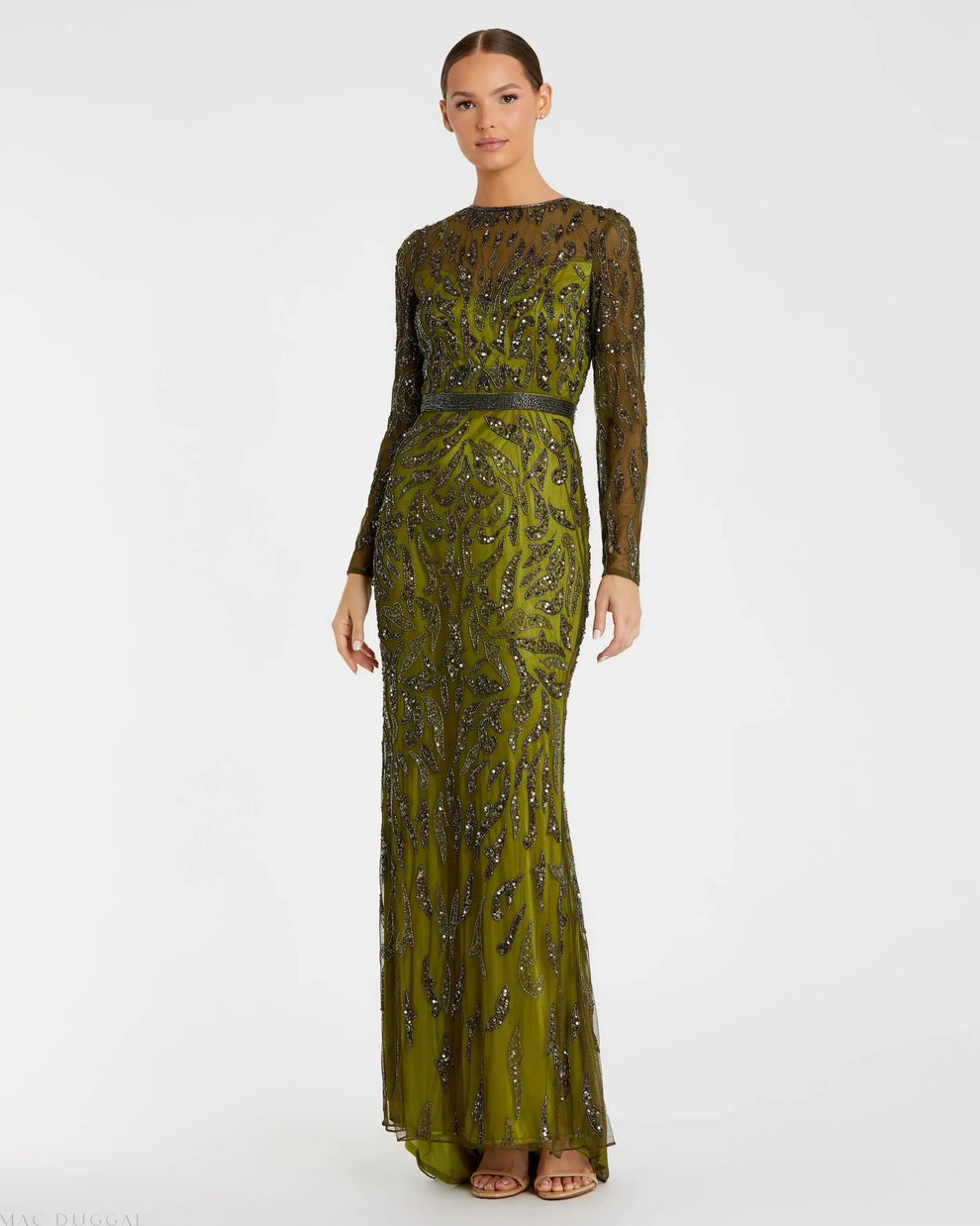 mac duggal green dress long sleeve 5124 – Mia Bella The Label SIZE:Medium bride celebrations Winter_Sale Premier Amour Women's Plus