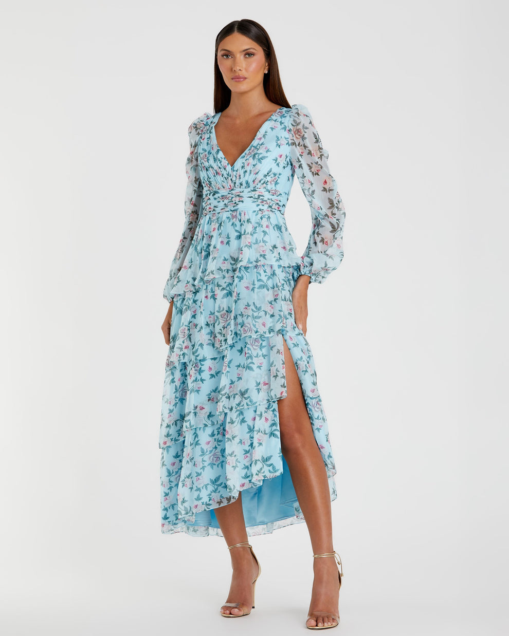 chinese dress ladies Mac Duggal Embellished Floral Long Sleeve Midi Dress