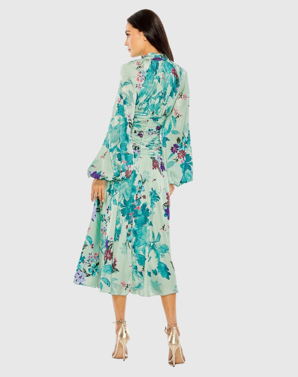 mac duggal green floral dress Floral-Print Long Green Formal Dress with Ruffle– PromGirl