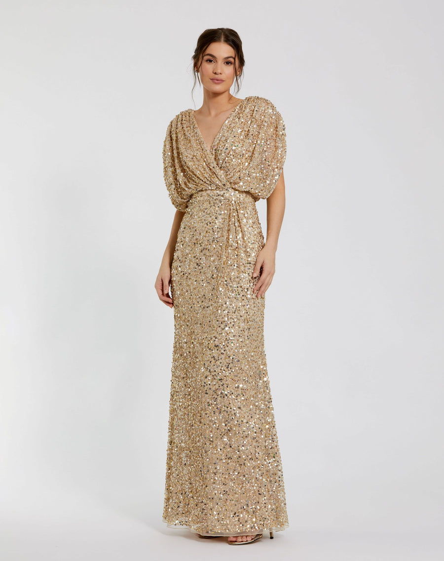 Mac Duggal - Gold Sequin Draped Sleeve V-Neck Gown