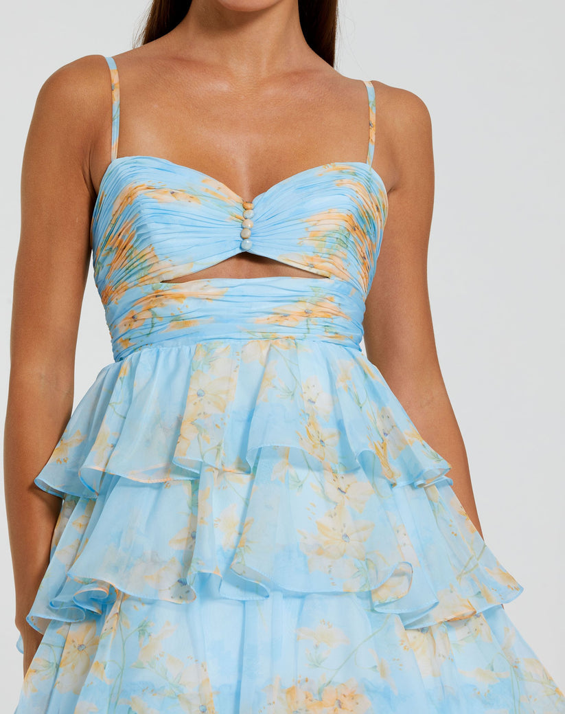 Mac Duggal - Blue Floral Cut Out Ruffle Tiered Gown