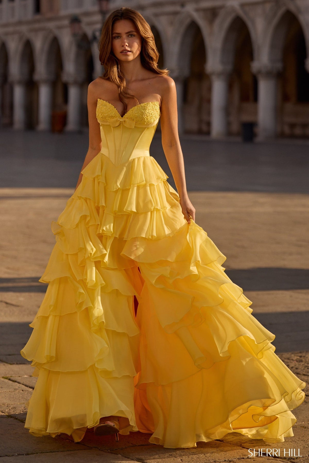 sherri hill dresses yellow 57586 Maxi Dress Cherry Print boo bodice and slit 1940s Christmas Size:Us Size 24W