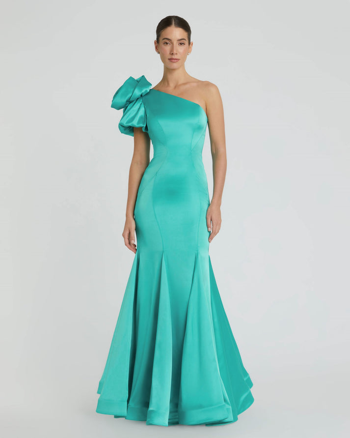 Mac Duggal - Green One Shoulder Bustier Satin Mermaid Gown