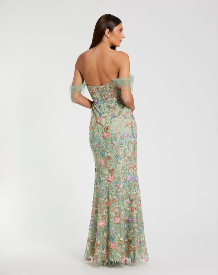 Mac Duggal - Green Off-the-Shoulder Bustier Floral Column Gown - Sage Multi / US 6 Mac Duggal - Green Off-the-Shoulder Bustier Floral Column Gown - Sage Multi / US 6