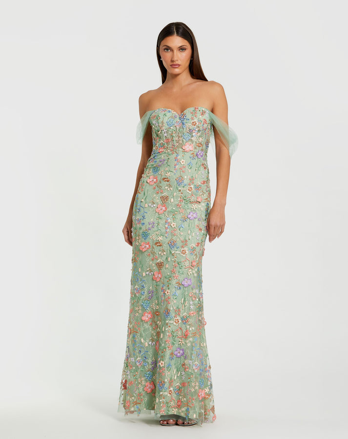 Mac Duggal Off-the-Shoulder Bustier Embroidered Net Gown - Sage Multi Mac Duggal Off-the-Shoulder Bustier Embroidered Net Gown - Sage Multi