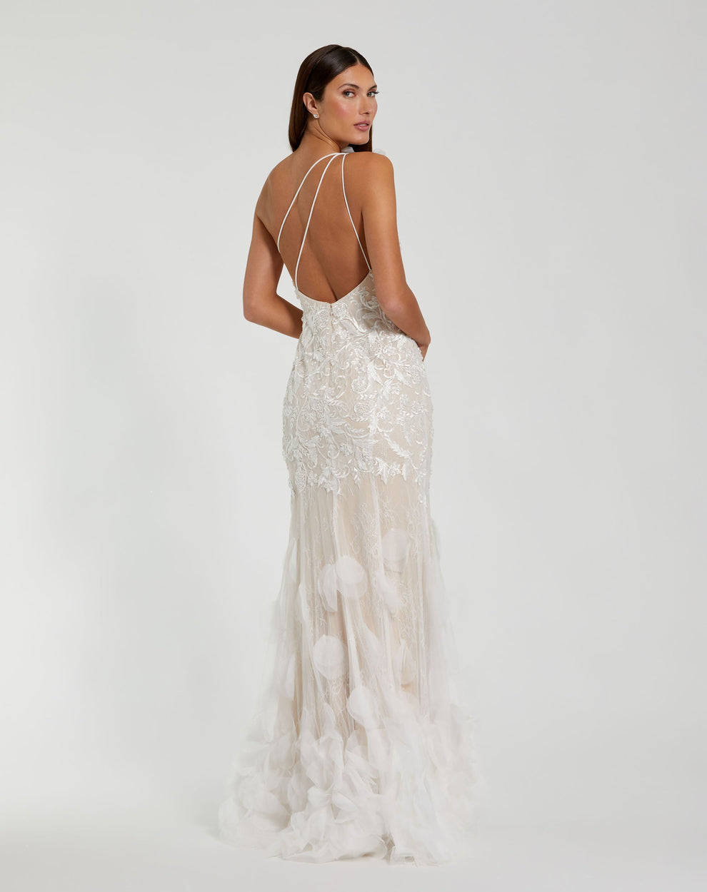 Mac Duggal Beaded Strappy One Shoulder Petal Mermaid Prom Gown In Ivory, Size 6