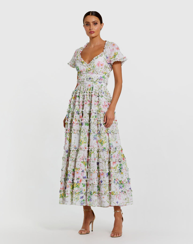 White Floral Ruffle Open Back Cotton Midi Dress | Mac Duggal White Multi / US 16 White Floral Ruffle Open Back Cotton Midi Dress | Mac Duggal White Multi / US 16
