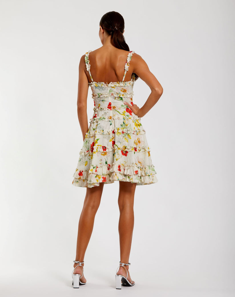 Mac Duggal - Ivory Floral Square Neck Ruffle Mini Dress