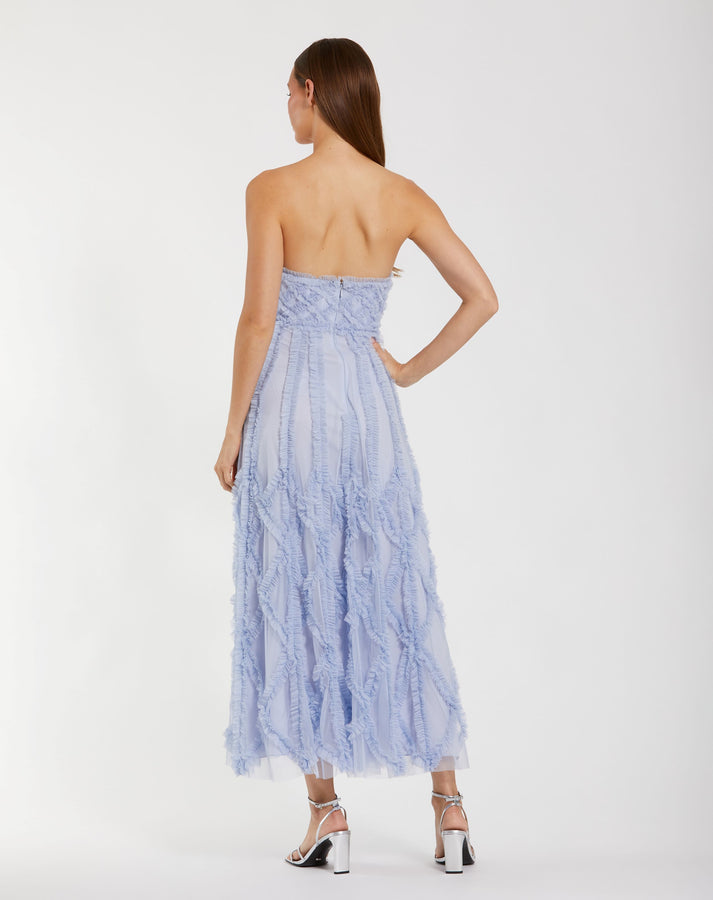Mac Duggal - Blue Mesh Ruffle Strapless A-Line Midi Dress - Periwinkle / US 12 Mac Duggal - Blue Mesh Ruffle Strapless A-Line Midi Dress - Periwinkle / US 12
