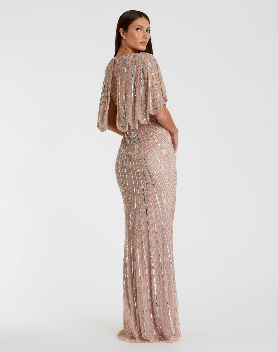 green emerald velvet dress Mac Duggal Rose Gold/Pink Sequins Butterfly Sleeve Gown with Train- Si –  The Saved Collection main image 0