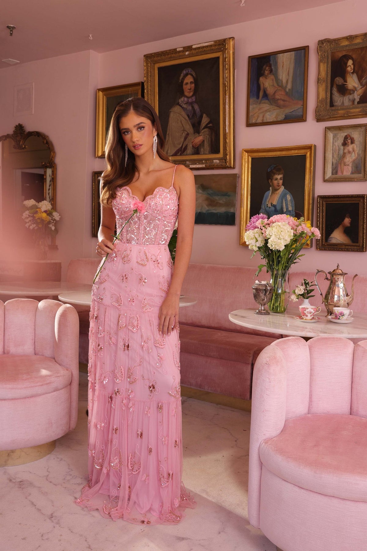 strapless open back dress Cowl-V-Neck Long Faux-Wrap Prom Dress