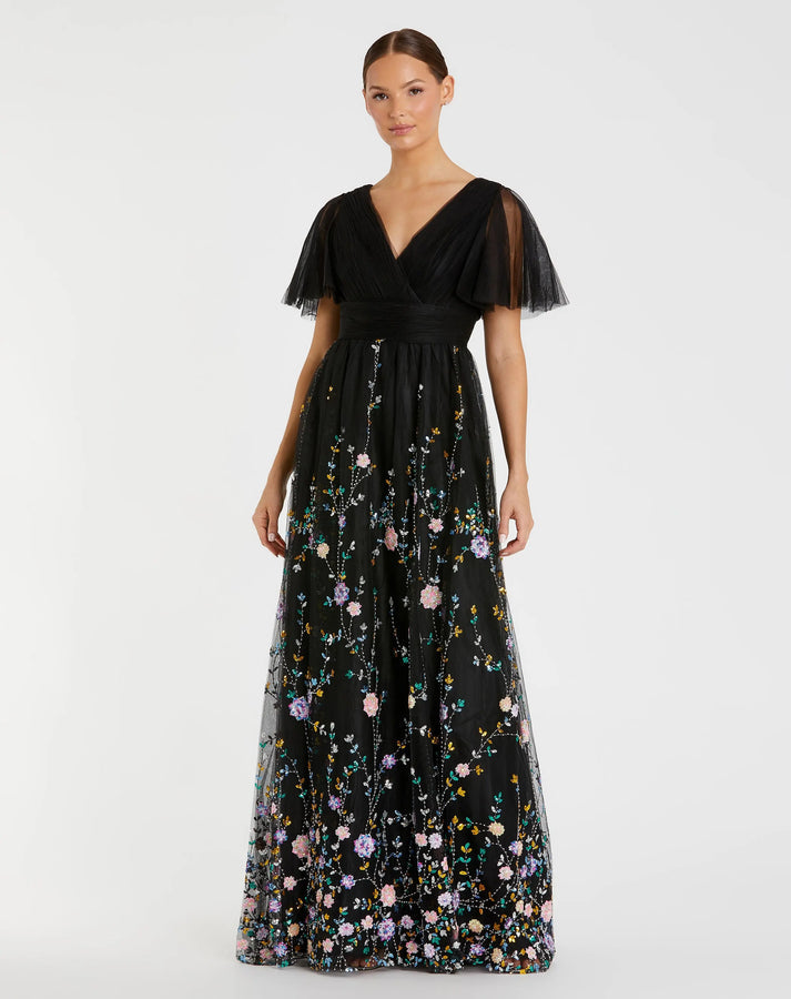 Mac Duggal Women's Embellished Illusion Butterfly Sleeve V Neck Gown - Black - Size 14 - Black Multi Mac Duggal Women's Embellished Illusion Butterfly Sleeve V Neck Gown - Black - Size 14 - Black Multi