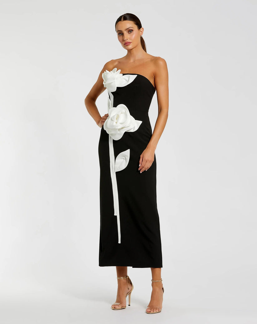 corset black wedding dresses Mac Duggal Strapless Crepe Dress With 3D Satin Flowers