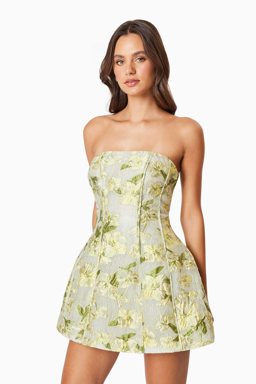 darner strapless mini dress in green floral Elliatt Darner Strapless Mini – Mia Bella The Label