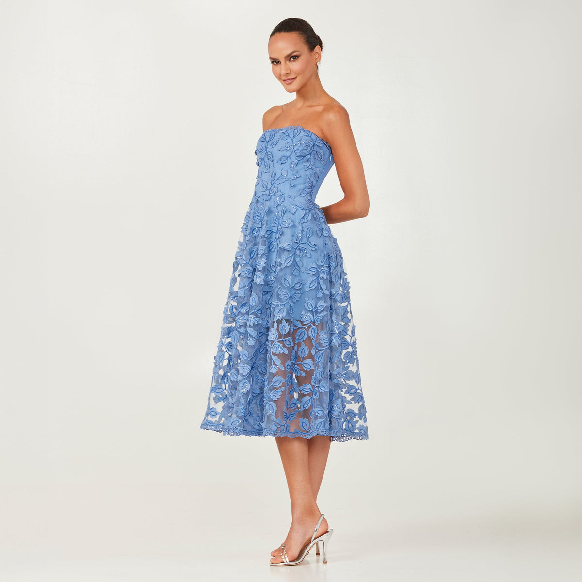 periwinkle lace midi dress ZAPAKA Women Light Blue Midi Dress 3D Floral Lace Halter Cocktail Gown Wedding Guest Dress, Blue / US6
