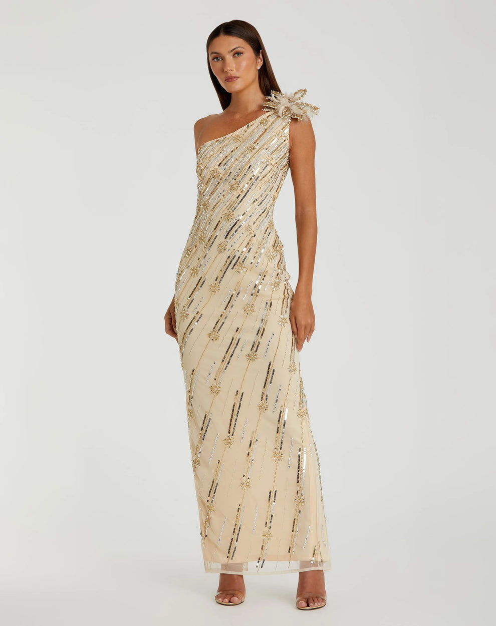 Mac Duggal - Gold Embellished Floral Detail One Shoulder Gown - Nude Gold / US 10
