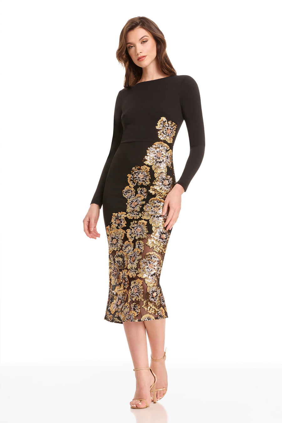 Dress The Population Women's Mara Bodycon Long Sleeve Dress - Gold Multi