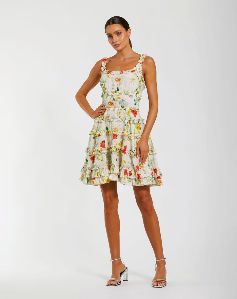 Mac Duggal - Ivory Floral Square Neck Ruffle Mini Dress Mac Duggal - Ivory Floral Square Neck Ruffle Mini Dress