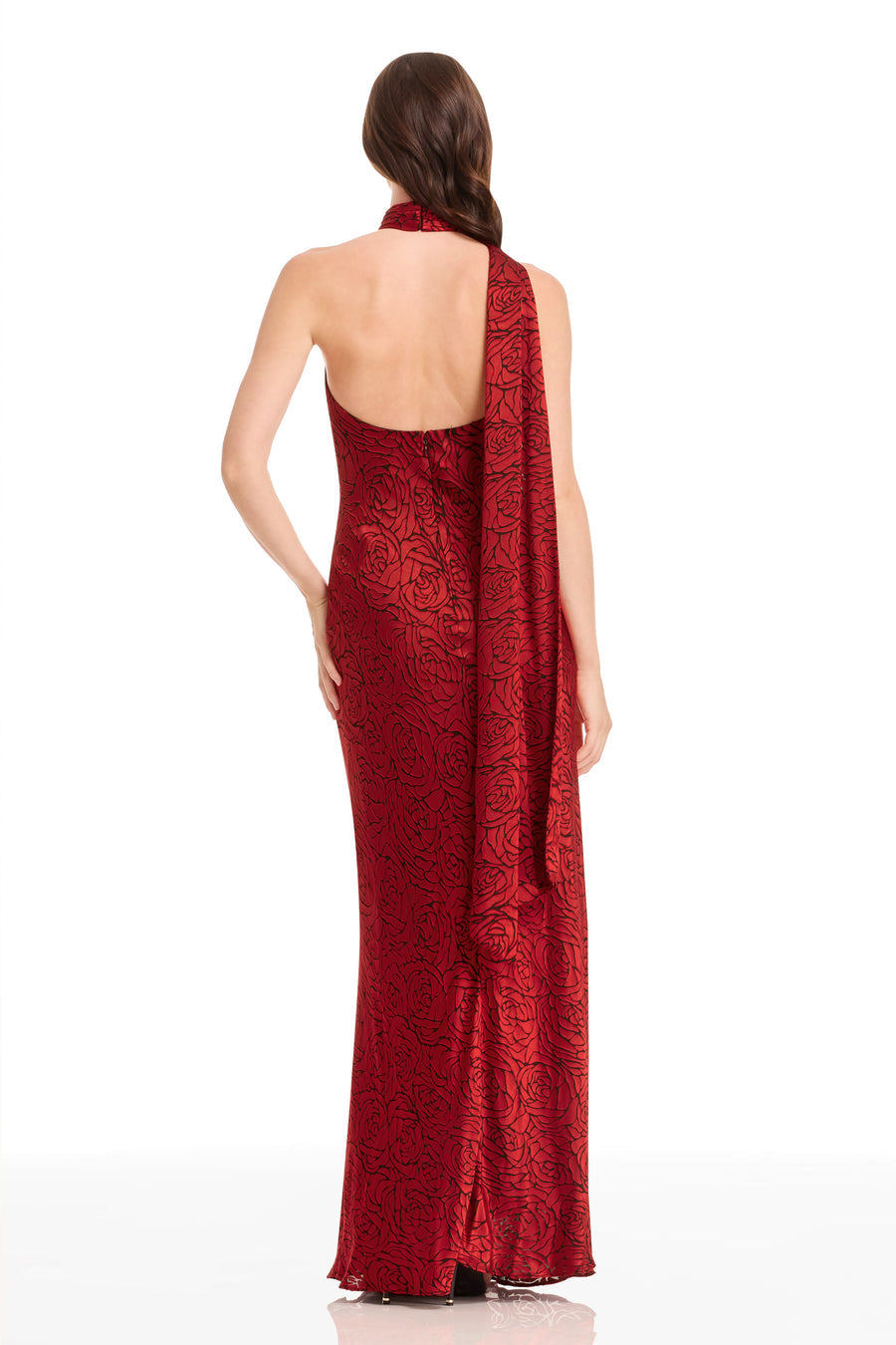 fitted lace wedding dress Dress The Population Olivia Mock Neck Sheath Gown - Rouge Multi