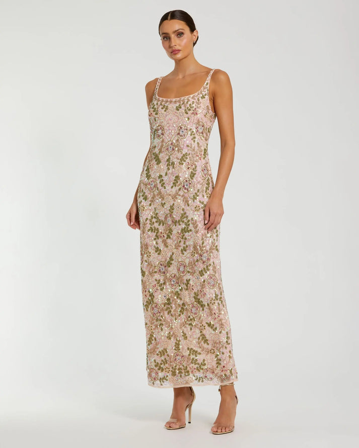 Mac Duggal Floral Beaded Midi Sheath Dress - Nude Multi (Brown) - 2