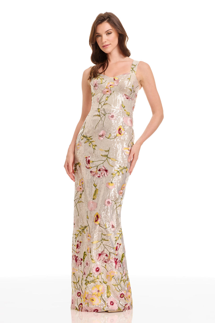 Dress The Population Women's Reese Embroidered Floral Gown - Champagne Multi