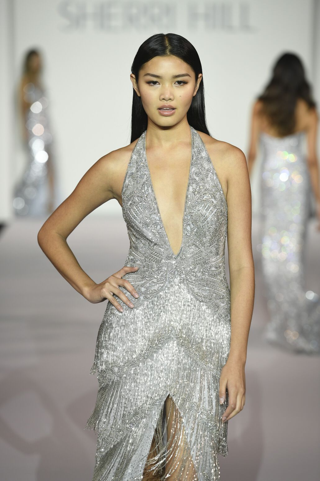 Sherri Hill Fringe Halter Beaded Dress 56387 Silver / 8
