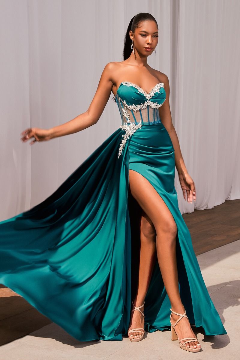 Ladivine CD337 Satin Maxi Slit A Line Corset Formal Dress