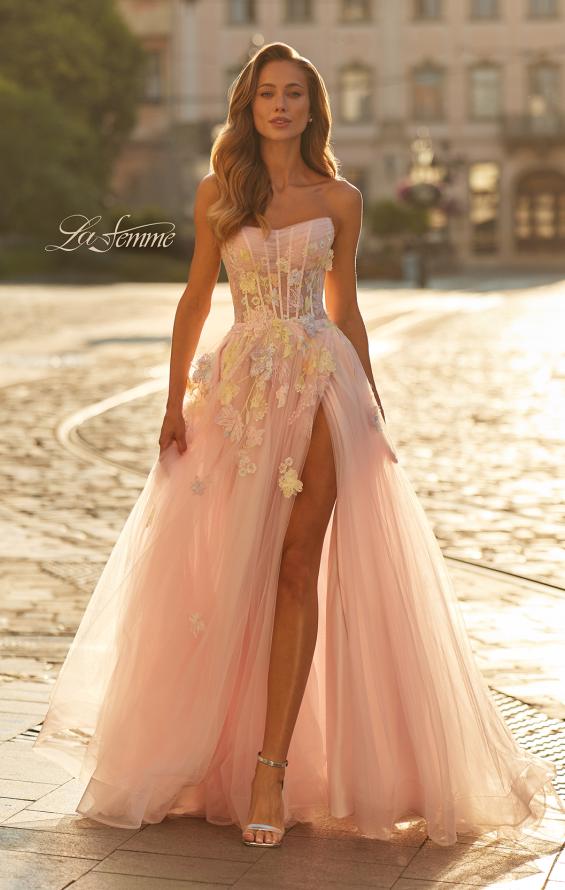 la femme fashion prom dresses La Femme 33432 Floral Strapless Corset Tulle Prom Gown