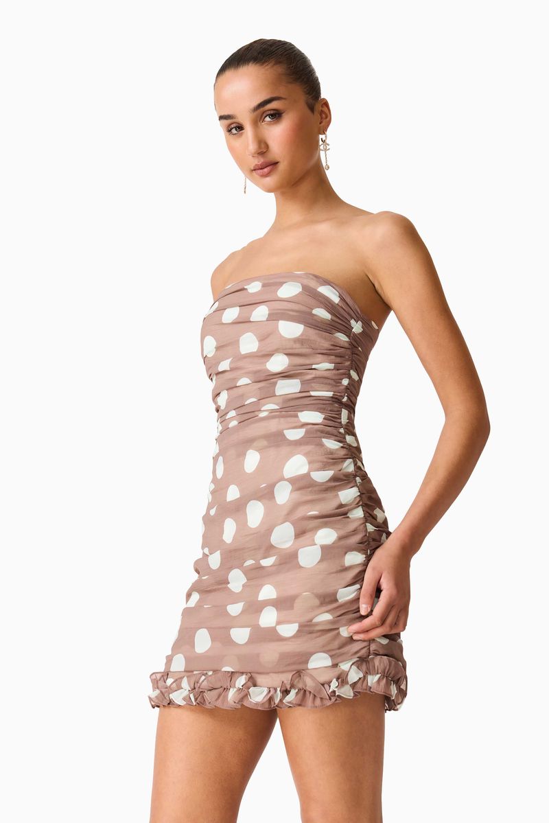 sola mini dress ELLIATT Sola Polkadot Strapless Gown in Brown