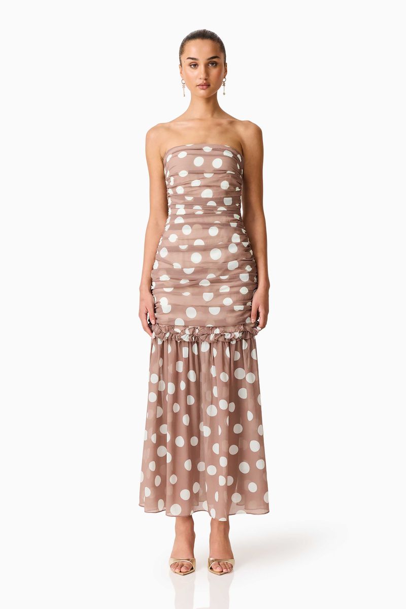 ELLIATT Sola Polkadot Strapless Gown in Brown