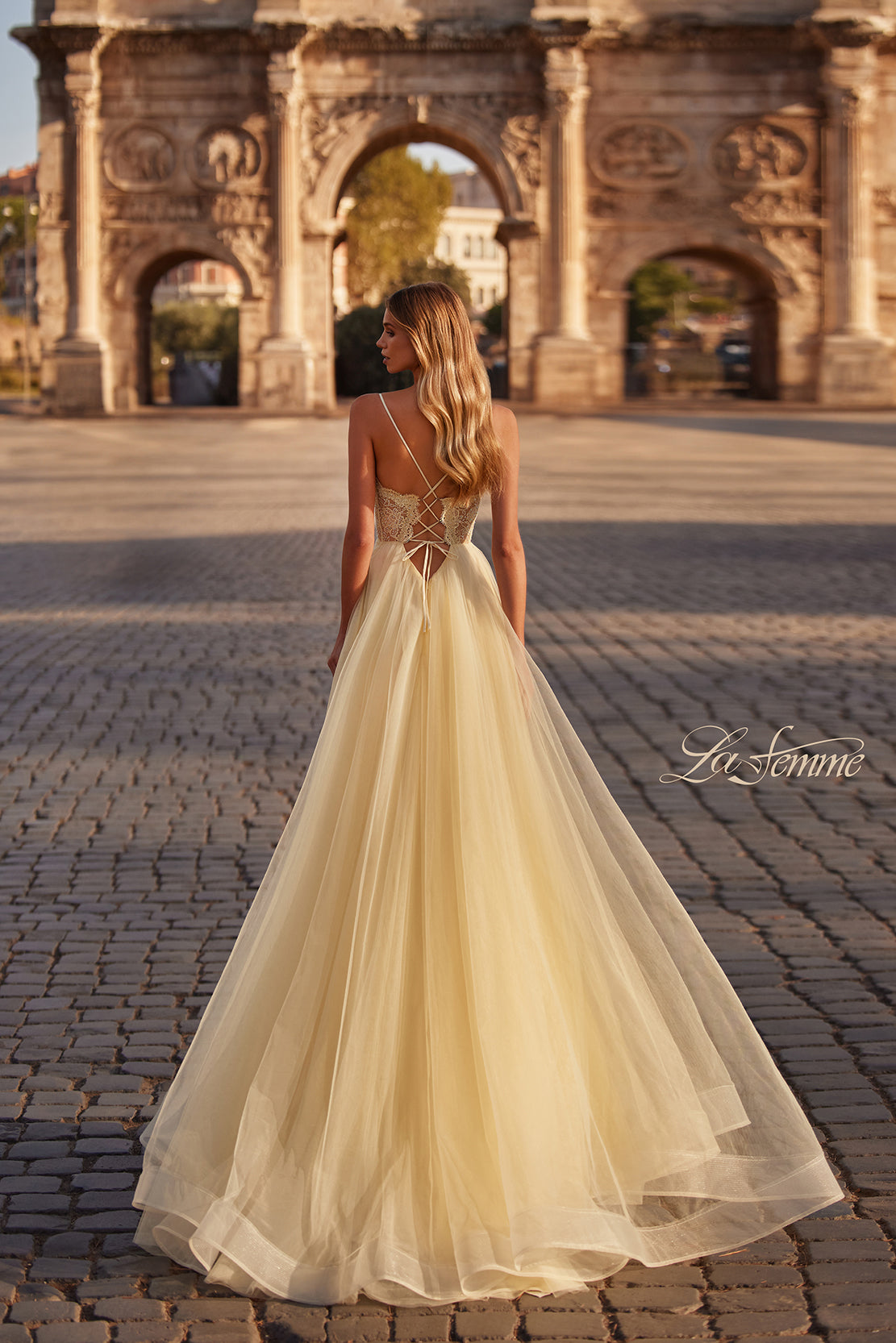 Yellow Lace Light Yellow Dress For Wedding La Femme 32306 Neon Pink